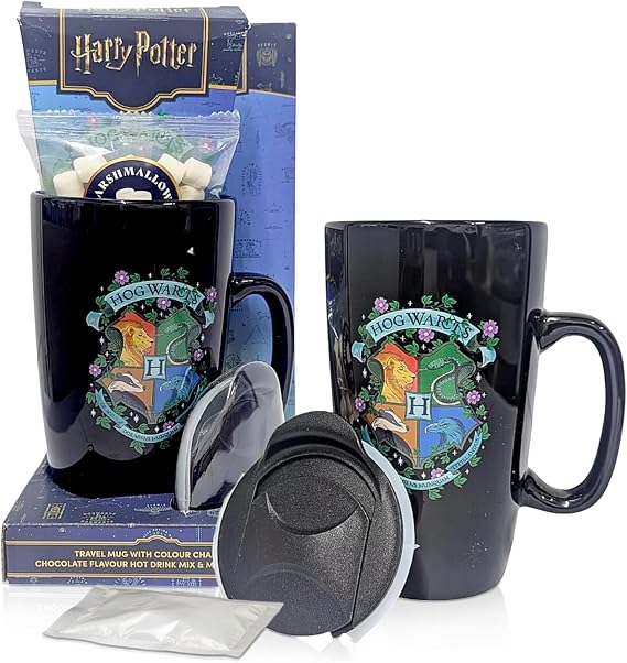 Harry Potter Mug & Hot Chocolate Gift Set - Ceramic Travel Mug with Colour Changing Hot Chocolate Drink. Harry Potter Gifts for Stocking Fillers, Christmas Gift for Kids (Black)