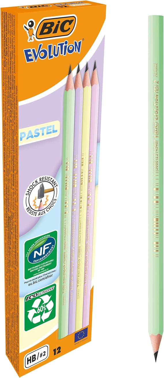 BIC Evolution Pastel Kurşun Kalem, 12'li Kutu, Kıymık Oluşturmaz, Çiğnemeye Karşı Dayanıklı, Kolay Açılır