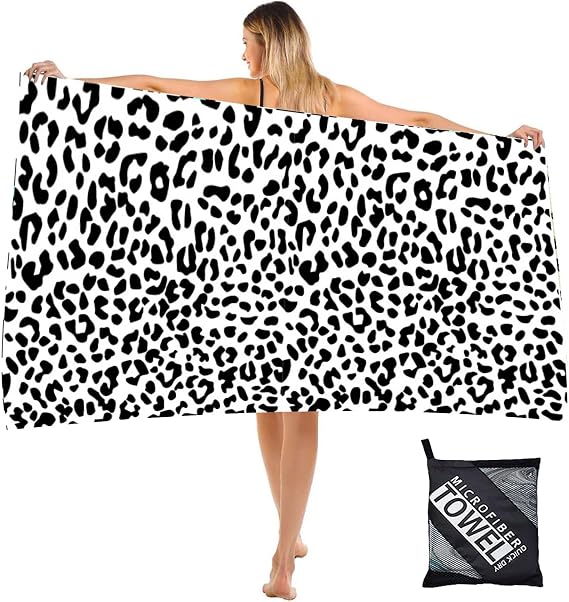 Large Thin Microfibre Beach Towel with Bag for Adult Men Women,160x90cm Leopard Beach Towels Quick Dry Sand Free Lightweight Swim Bath Towel for Travel,Swimming,Pool,Holiday,Camping,Yoga,Gym Sports