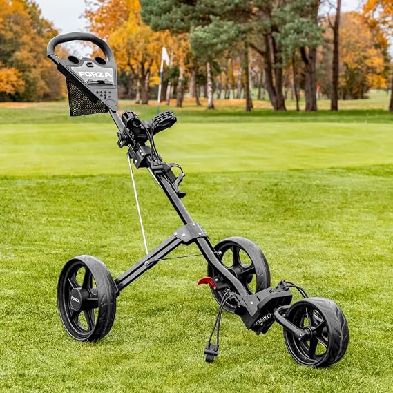 FORZA 3-Wheel Golf Trolley | Lightweight Aluminium Push Trolley with Ergonomic Handle, Foot Brake, Umbrella Holder & Foldable Design | Compact Golf Bag Transport