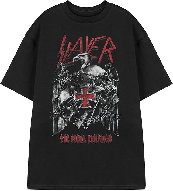 Slayer The Final Campaign Eagle Logo Graphic Tee | Retro Black Short Sleeved Shirt with Eagle Print for Metalheads | Casual Rock Band Tee for Him