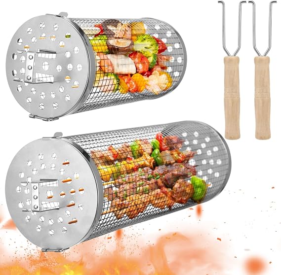 BATTIPAW 2PCS Rolling Grill Baskets with Removable Wooden Handle, 2 Sizes Stainless Steel Nesting Grilling Net for BBQ Meat Vegetables Shrimp, Cylindrical Grill Basket Set for Outdoor Cooking Camping