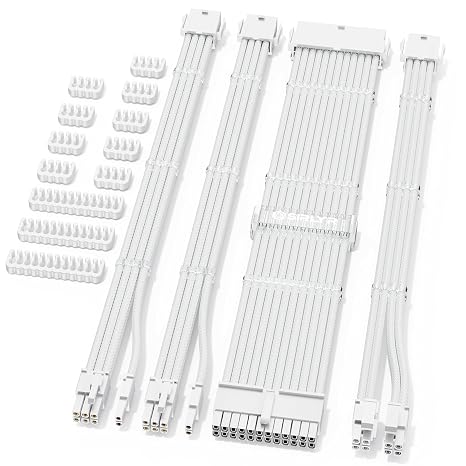 Sirlyr 16AWG White PSU Extension Cable Kit - High Quality Sheathed Cables with Gold Plated PCIe Connectors Including 24 Pin ATX 8 Pin EPS Two 8 Pin PCIe and Two Comb Sets