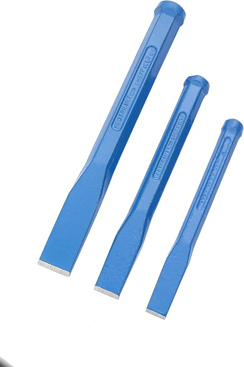Cold Chisels Set of 3 by Footprint - Drop Forged Carbon Steel for Superior Strength. Hardened Edge for Long Cutting Life. Ideal Masonry/Bricklaying Hand Tools to Cut Stone/Brickwork/Mortar/Cement.