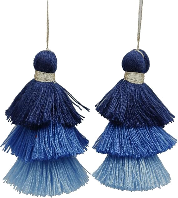 2Pcs 3 Layers Design Cotton Silk Tassel 7.5cm Handmade Mini Tassels for DIY Craft Key Chain Home Decor, Blue Tone