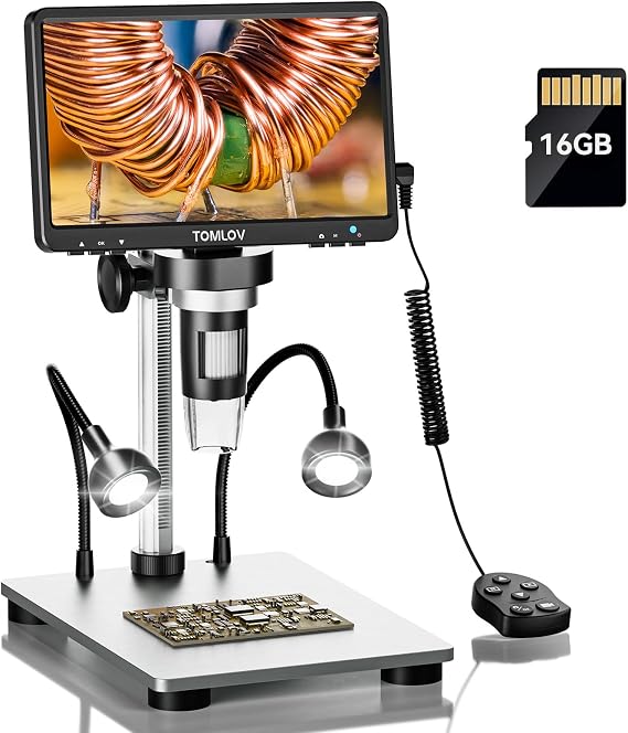 TOMLOV DM9 7" LCD Digital Microscope 1080P, 1200X Magnification Camera for Parts with HD Screen, 12MP Ultra Precision Focus, Metal Support, LED Light, Compatible PC/Windows/Mac OS, 32GB