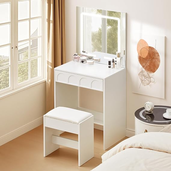 TUKAILAi Dressing Table with LED Lights Mirror, Adjustable Brightness, Vanity Desk Set with Stool, Modern White Bedroom Makeup Table with Storage Drawer for Kids Women Girls