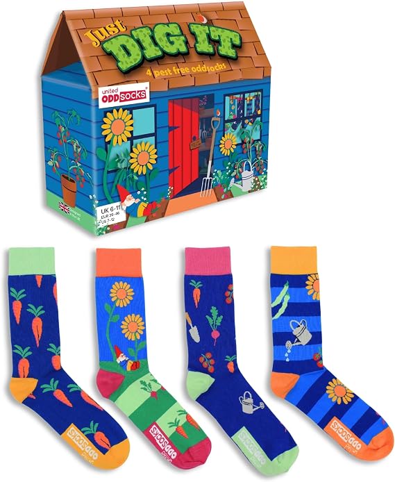 United Oddsocks Just Dig It Gift Box, 4 Gardening Odd Socks for Men, Mix
