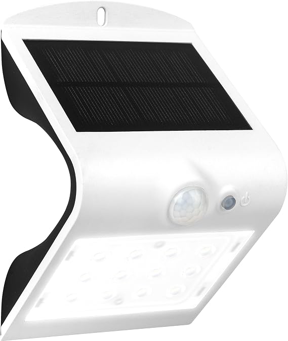 Luceco Solar Powered LED Outdoor Wall Light with PIR Motion Sensor, Security Light, Exterior Lighting, Curved Design, Adjustable, Guardian, White, IP44, 1.5W, 220lm, 4000K, LEXS22W40