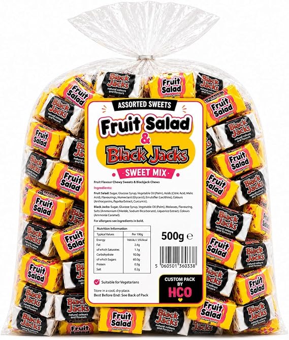 Black Jacks & Fruit Salad Retro Sweets, Assorted Chewy Candy, Pick and Mix, 500g Bulk Bag, for Parties, Gifts & Sharing