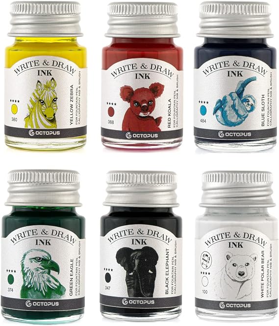 Octopus Write and Draw Bright Waterproof Ink Set for Fountain Pen Calligraphy and Drawing, 6 x 10 ml