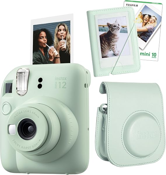 Instax mini 12 Fotoğraf Makinesi-10'lu Film-Mini Albüm ve Deri Kılıf Seti (Yeşil)
