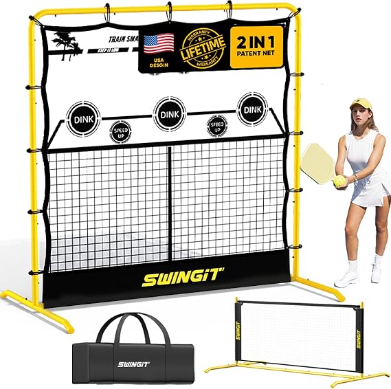 Portable Pickleball Rebounder Net, 2in1 Solo Training Net System for Dinks, Volleys & Drives, USAPA Approved Accuracy Trainer with Carry Bag, Outdoor & Indoor Use Prefer Backyard, Driveway, Garage