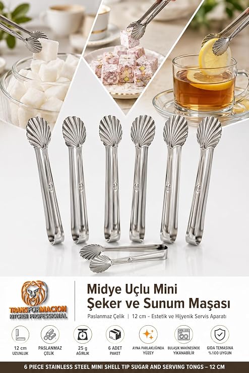 Midye Uçlu Mini Şeker ve Sunum Maşası 12 cm 6'lı