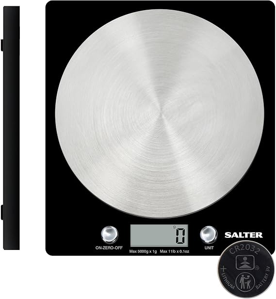 Salter 1036 BKSSDR Digital Kitchen Scale – Cooking & Baking Scales for Food Weight, Stainless Steel Weighing Platform, 5KG Capacity, Tare Function, Large LCD Easy Read Display, Measure Liquids, Black