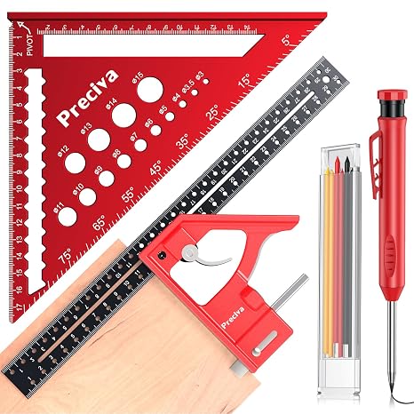 Preciva Carpenter Set Squares Tool - 7inch Metric Triangle Ruler + 12inch Combination Square with Pencil for Woodworking, Adjustable Measuring Tools for Engineer, Builders, Joiners