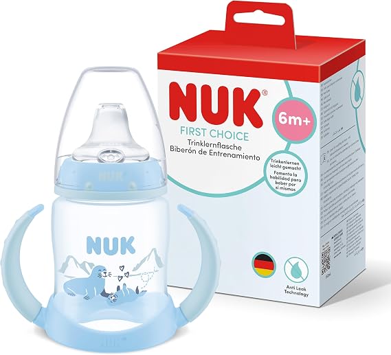 NUK First Choice Learner Bottle Sippy Cup | 6+ Months | 260ml | Leak Proof Toddler Bottle | Anti-Slip Handles | Blue Seal | 1 Count