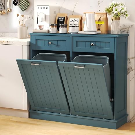 LOUVIXA Tilt Out Trash Can Cabinet with Double Hidden Trash Can Holder, Kitchen Free Standing Recycling Cabinet,Dog Proof Trash Can,Wood (Teal)