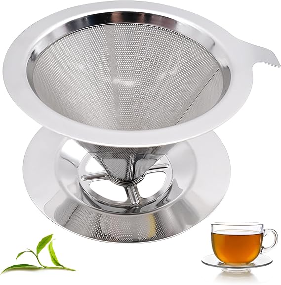 Coffee Filters, Reusable Stainless Steel Mesh Pour Over Dripper, Permanent Drip Cone with Holder for Filter Coffee - Brews 1-3 Cups