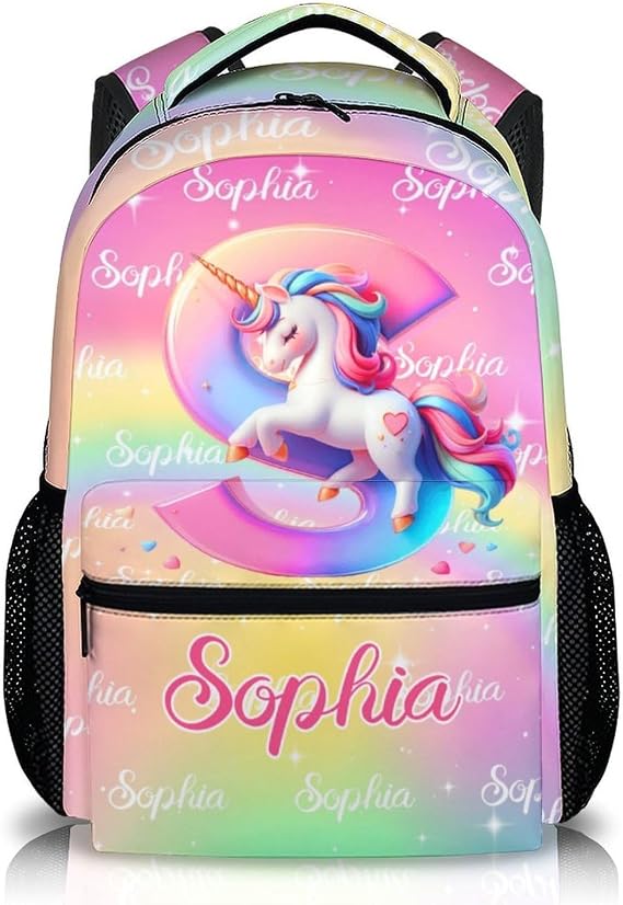 Personalised Unicorn Backpack with Name and Initial | Cute Rainbow Girls School Bag, Durable Oxford Fabric Kids Rucksack for Primary School and Nursery