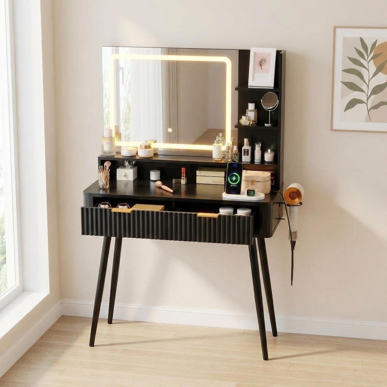 Dressing Table with LED Light, Vanity Desk with 3-Colour Lighted Mirror, 2 Drawers, 4 Open Shelves, Hair Dryer Holder & Metal Legs, Makeup Desk with Built-in Plug & USB for Bedroom 80x35x132cm - Black