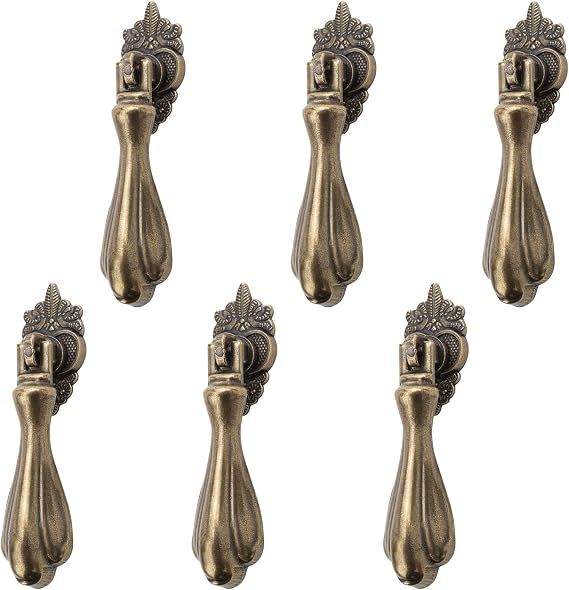 Decornaddecor Dixie Antique Copper Brass Vintage Traditional Retro Teardrop Pull Swing Ring Cabinet Door Knobs (Antique Brass, 6 Pack)