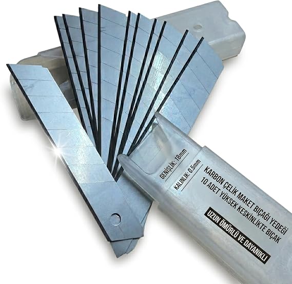 Maket Bıçağı Yedek Ağzı, Karbon Çelik, 18mm Genişlik, 0.5mm Kalınlık, 3 Aşamalı Bilenmiş Kenar, 10'lu Paket