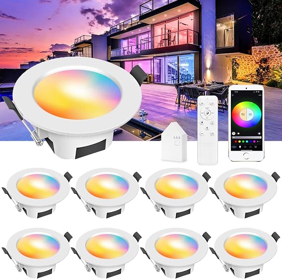 WiFi 9W RGBW LED Recessed Ceiling Light Dimmable 700LM with Remote Control, LED Downlights for Ceiling for Living Room, Kitchen, KTV, Bars, Compatible with Amazon Alexa/Google Home (10 Packs) [Energy Class G]