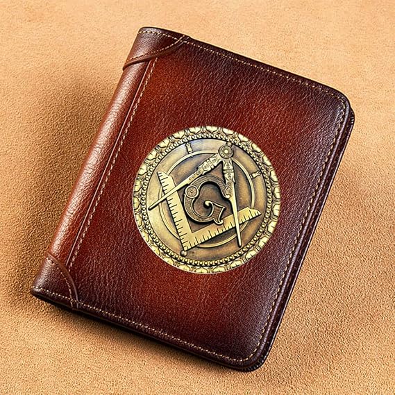 Men's Leather Slim Wallet, Vintage Masonic Symbol Short Billfold Card Holder with RFID Blocking Trifold Coin Purses, Nice Gift for Boy Work Travel [Energy Class A]