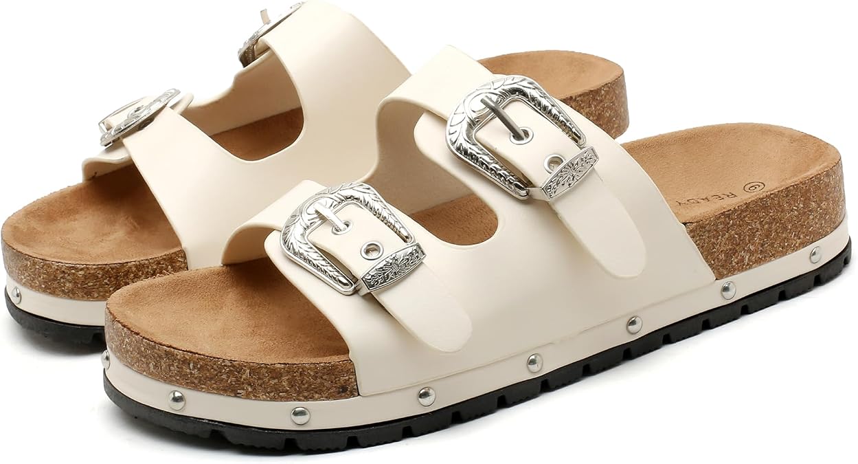 LUNATECH Womens Flat Slide Sandals Summer Sandals Double Strap Adjustable Buckle Slip on Slides Shoes Stud Flatform Walking Sandals