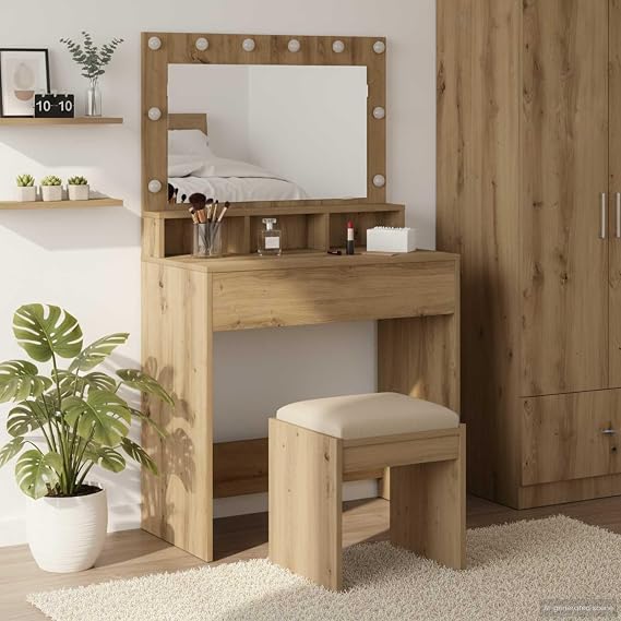 Modern Dressing Table with Integrated LED Mirror and USB Lighting, Artisan Oak Finish Engineered Wood Vanity Desk, 75.5 x 41 x 135 cm, Includes Board Shelves and Plane Mirror