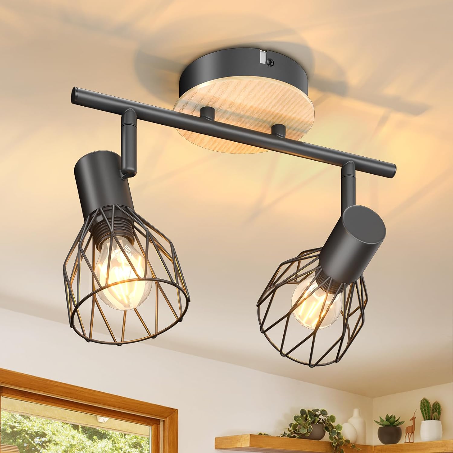 Kimjo LED ceiling spotlight 2 Flamey swivel - Spot lamp black ceiling lamp wood E14 wall lamp 2 Flamey - spotlight ceiling light living room lamp kitchen ceiling - lamp wall without light source