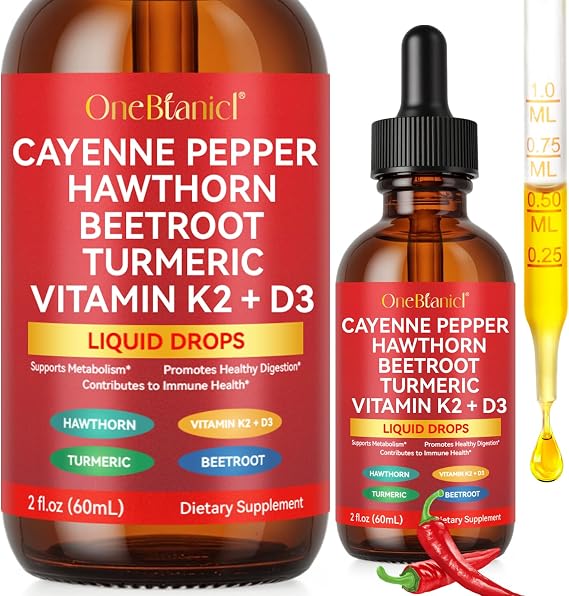 Cayenne Pepper Drops,Organic Cayenne Pepper Liquid,Cayenne Health Supplements,Vitamin K2 & D3,Turmeric Curcumin, Beet Root Powder, Vegan-Friendly, Easily Absorbed - 60ml