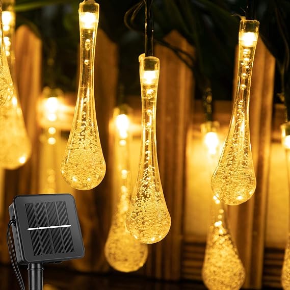 TTY Solar Garden String Lights, Outdoor 7M 50 LED String Lights Water Drop, Waterproof Garden, Fence, Christmas, Tree, Home, Holiday, House, Yard, Wedding, Party Decoration Lighti (Warm White)