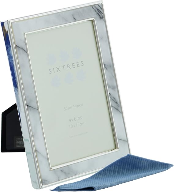Sixtrees Georgette Silver Plated Photo Frame with Grey Marble effect insert for a 6" x 4" (152mm x 102mm) Picture -2-686-46. Complete with microfibre polishing cloth.