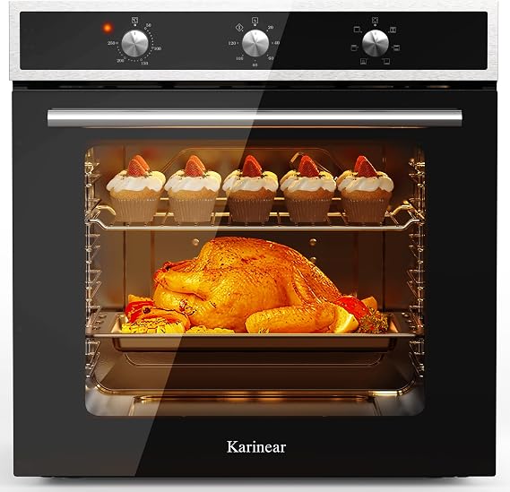 Karinear Electric Oven 60L Built in Knob Control 6 Functions 2200W Plug and Play 220V 60cm Wide Black with 120 Timer [Energy Class A+++]