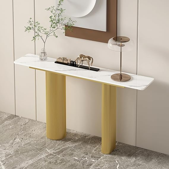 Modern Narrow Console Table for Entryway, Faux Marble Entryway Table Couch Table Behind Sofa for Living Room Hallway Foyer(39 Inch, White & Gold)