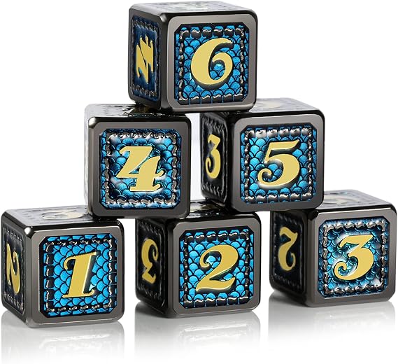Dndnd ドラゴンスケール D6 メタサイコロ 6個 ドラゴンスケール メタル D6 ダイス 無料のブラックベルベットバッグ付き Dnd パスファインダーシャドウランまたはgurp用 ティールスキンとブラックエッジ