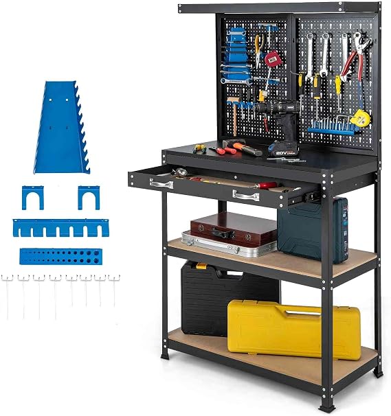 TANGZON 290 kg Workbench with Pegboard, Metal Work Bench and Tool Shelves