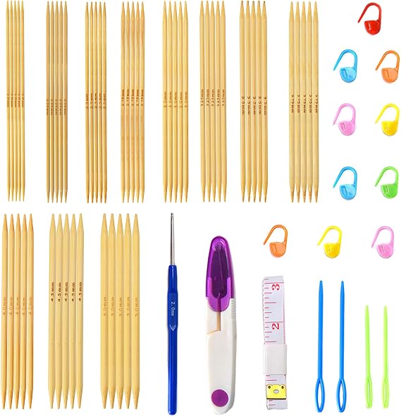 Double Point Bamboo Knitting Needles Set, Stick Needles, Hand Knitting Needles, Set of 55, Bamboo Knitting Needles, Hand Knitting, Short Needles, 11 Sizes, Length 5.1 inches 13 cm, Sock Needles, Gloves Knitting, DIY Craft Tools Bamboo