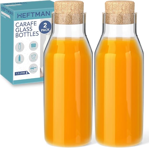 HEFTMAN Carafe Glass Bottle 1.5 Litre (2 Pack) - Glass Bottle with Cork Lid