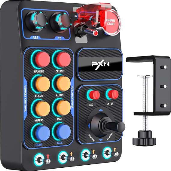 PXN CB1 Sim Racing Button Box for PC, 19 Controls (9 Input Types), Up to 30 Programmable Functions, RGB Backlit Simulator Control Panel for Racing, Truck & Farming Simulators