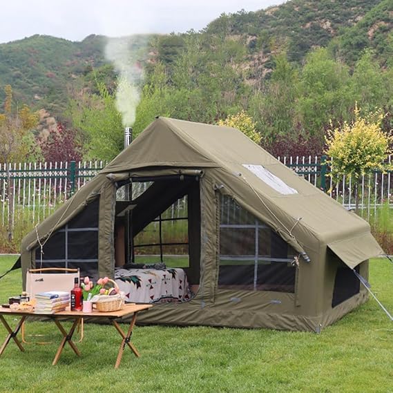 4 Season Waterproof Inflatable Tent with Pump and Stove Jack,6-8 Person Glamping Blow Up Tent Large Air Pop-Up Tents,Easy Setup