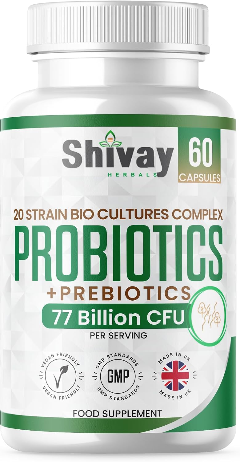 Probiotics & Prebiotic Bio Cultures Complex | 77 Billion CFU | 60 Vegan Capsules - 1 Month Supply | 20 Multi-Strain Gut-Friendly Live Bacteria Supplement | UK Made - Shivay Herbals