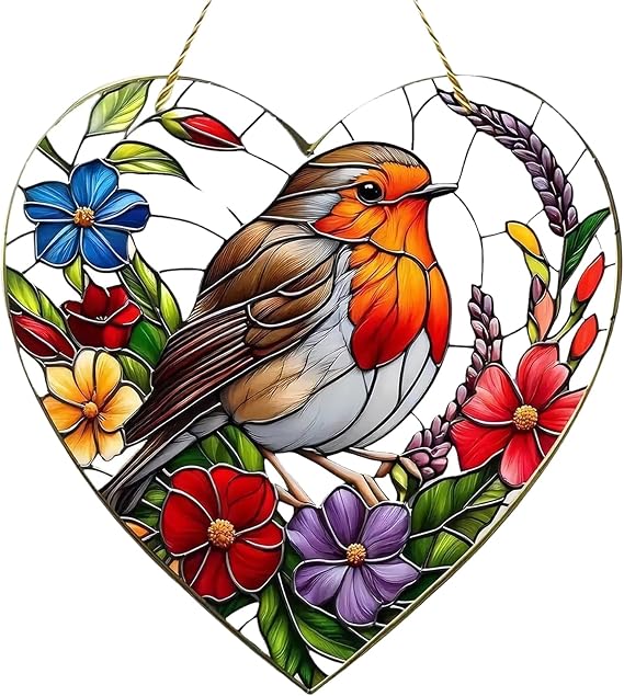 Large Heart-Shaped Robin Suncatcher, Garden Gifts for Women,7.87in x 7.87 Acrylic Window Hanging Ornament for Home and Garden Decoration