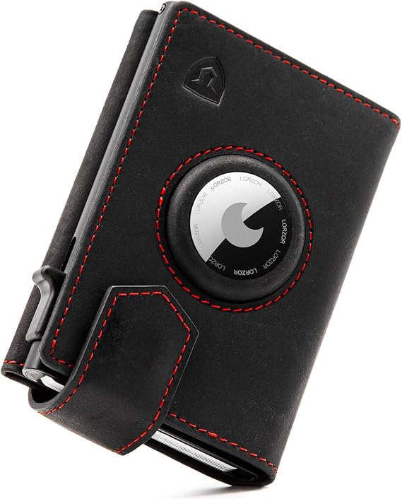 LORZOR Design for Airtag Wallet Slim Wallet with Coin Compartment Men's Genuine Leather RFID Blocker Wallet Men's Card Case Space for 10 Cards Wallet (Black Red)
