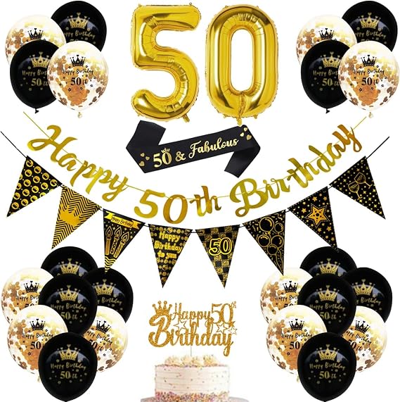 50th Birthday Decorations for Women & Men – Black and Gold Party Supplies with Happy Birthday Banner, 32 Inch Gold Number Balloons, Confetti Balloons, Sash, Cake Topper & Triangle Bunting