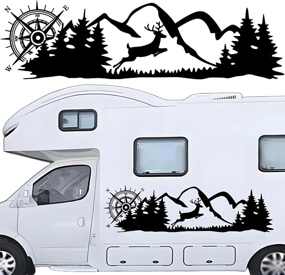 Pwsap Car Decals Mountain Compass Deer Vinyl Waterproof Hood Decal Window Stickers Auto Graphics Body Side Door Trunk Decoration for Racing Car SUV Truck Off-Road Vehicle Jeep RV, Left