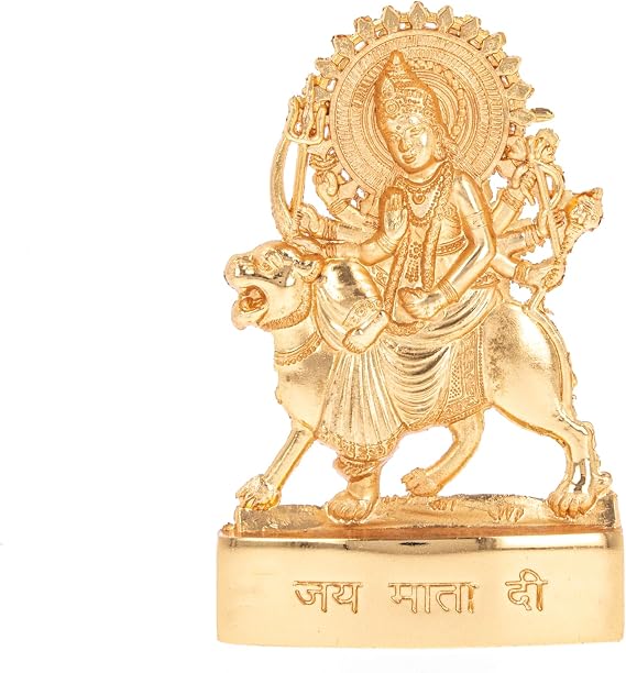 Durgaji Statue Murti Golden Metal Small Durga Maa Mata Rani Sitting on Lion Idol Hindu Goddess for Car Dashboard Home Office Desk Mandir Temple Pooja Décor Diwali Wedding Gift (5 Inch)