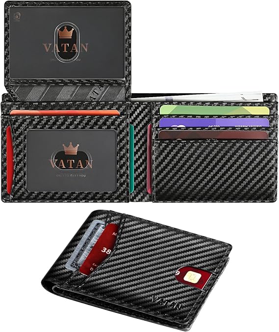 Vatan Wallet for Men Slim RFID Blocking Leather Credit Card Holder Wallet for 15 Cards, Bifold Minimalist Thin Wallet with 2 ID Windows & Cash Slot, with Gift Box (Carbon Fiber Black)